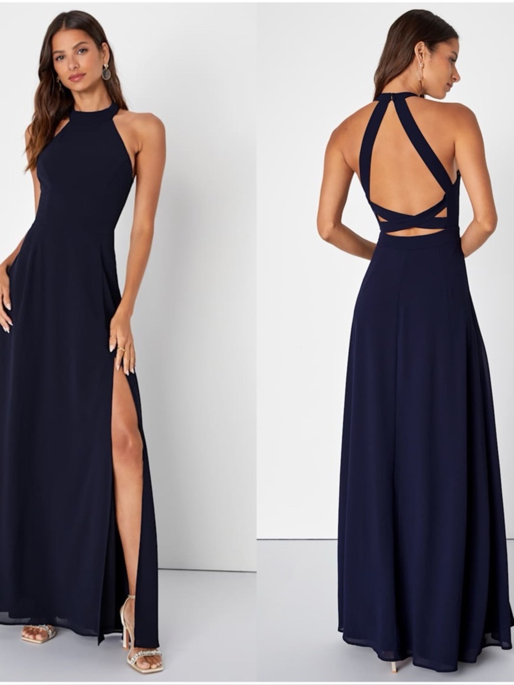 LULU'S Confidently Charismatic Navy Blue Backless Halter Maxi
Dress